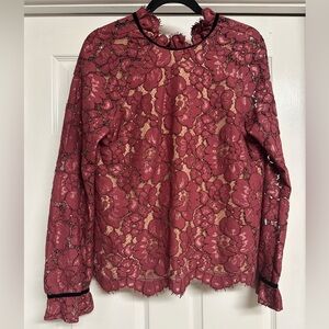 Wayf Burgundy Lace Blouse with Black Trim